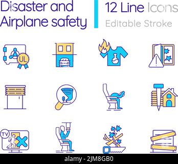 Disaster and airplane safety RGB color icons set Stock Vector