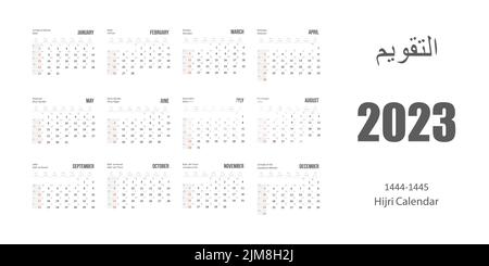 Hijri islamic and gregorian calendar 2023. From 1444 to 1445 vector
