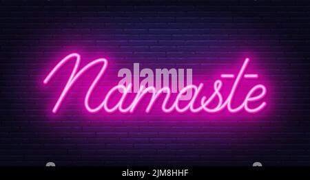 Namaste neon sign on a brick wall background . Stock Vector