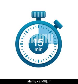 Stopwatch 15 minutes icon illustration in flat style. Timer vector illustration on isolated background. Time alarm sign business concept. Stock Vector