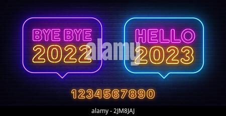 Bye bye 2022 and Hello 2023 neon sign in the speech bubble on brick wall background. Stock Vector