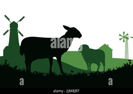 Sheep graze in pasture. Picture silhouette. Farm pets. Rural landscape with farmer house. Domestic animals wool. Isolated on white background. Vector Stock Vector