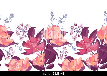 Vector floral seamless pattern, border. Horizontal panoramic illustration with pink flowers on a white background. Stock Vector