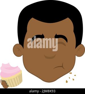 Vector illustration of a cartoon man face eating a cupcake or muffin Stock Vector