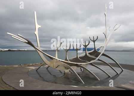 Sculpture of Solfar or Sun Voyager by the sea in the center of Reykjavik on Iceland Stock Photo