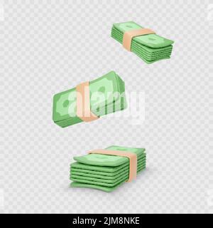Stack of money. Green dollar bundle. Paper Currency in cartoon realistic style. Business and finance object isolated on transparent background. Vector Stock Vector