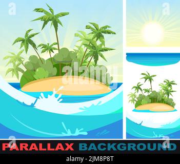 Island in ocean. Set parallax effect. Cartoon style. Lights of sun. Blue sea. Jungle palm trees. Flat design illustration. Isolated on white Stock Vector