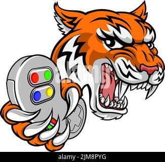 Tiger Gamer Video Game Controller Cartoon Mascot Stock Vector