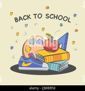background back to school composition from books sneakers apple Stock Vector