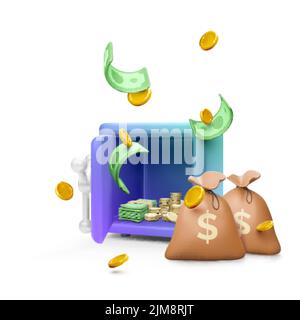 Money safe with open door and paper bills and gold coin inside and money bags next. Falling green dollars and coins in realistic cartoon style. Vector Stock Vector