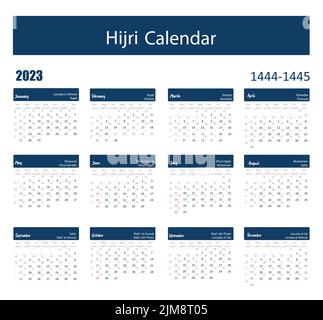 Hijri islamic and gregorian calendar 2023. From 1444 to 1445 vector template with abstract 
