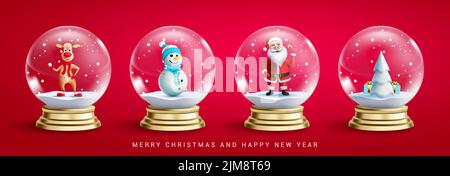 Christmas crystal ball vector set. 3d realistic snow balls with characters of santa claus, snow man and reindeer for xmas decoration collection design. Stock Vector