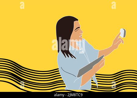 Portrait of woman using smart home device to change temperature. Vector illustration in pastel tones Stock Vector