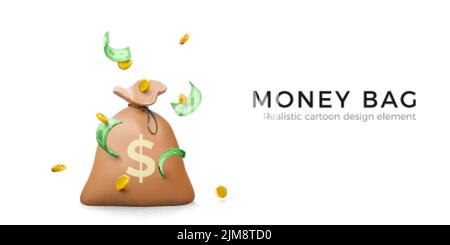 Money bag with falling gold coins and green banknotes in cartoon realistic style. 3d design money element for banner or poster. Vector illustration Stock Vector