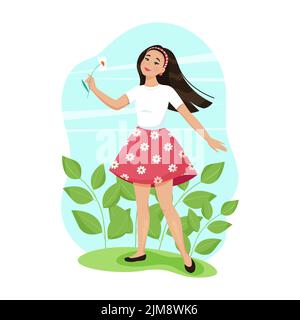 Cute smiling girl with a flower in her hand. A female character in a floral skirt. Vector illustration in flat cartoon. Stock Vector