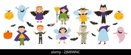 Kids in dracula, witch, bat and fairy costumes, halloween party characters set. Vector illustration Stock Vector