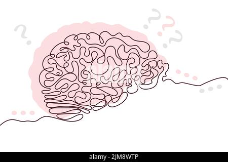 Brain Hand drawn icon continuous line drawing and pink flat silhouette. Human organs. Medicine trendy concept One single line design. Outline simple Stock Vector