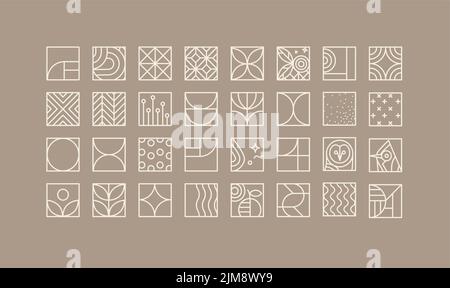 Set of creative modern art deco icons in flat line style drawing on coffee background. Stock Vector