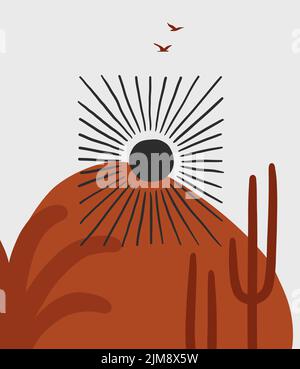 Hand drawn abstract vector graphic clipart illustration boho desert landscape composition.Wild Western design.Bohemian wild west contemporary art Stock Vector