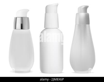 Serum pump bottle. Dispenser container mockup. Skin essence or foundation airless flacon, mini glass jar with face moisturizer. Beauty care packaging Stock Vector