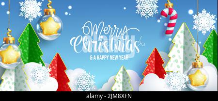Christmas holiday vector background design. Merry christmas typography text with paper cut xmas tree and snowflakes in clouds decor for holiday season. Stock Vector