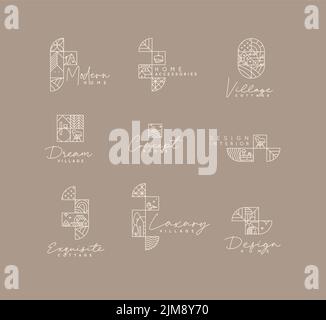 Set of creative modern art deco labels in flat line style drawing on coffee background. Stock Vector