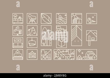 Set of creative modern art deco signs in flat line style drawing on coffee background. Stock Vector