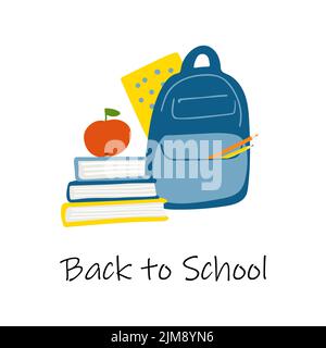 Illustration school backpack, books and text Back to school isolated on white background Stock Vector