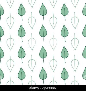 Green birch leaf seamless pattern on white falling leaves Stock Vector