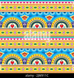 Indian and Pakistani truck art and rikshaw inspired vector seamless pattern, vibrant unique design with hearts and flowers Stock Vector