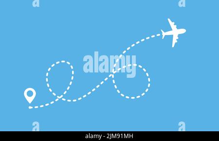 Plane route flight air dotted drawing line vector illustration on blue background Stock Vector