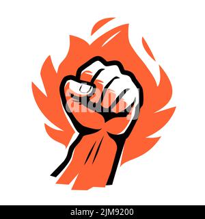 Flaming red fiery fist emblem. Clenched fist in burning fire badge or logo. Symbol strength, power vector illustration Stock Vector