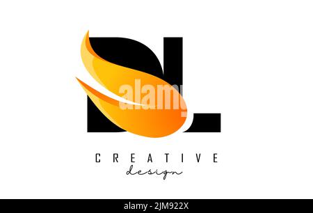 Vector illustration of abstract letters DL d l with fire flames and Orange Swoosh design. Letters logo with creative cut and shape. Stock Vector