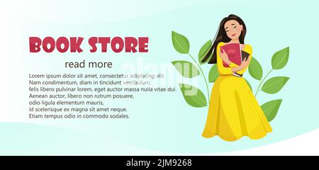 Happy girl holding books in hands banner for bookstore. Vector illustration in flat style Stock Vector