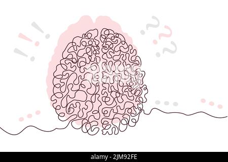 Brain Hand drawn icon continuous line drawing and pink flat silhouette. Human organs. Medicine trendy concept One single line design. Outline simple Stock Vector