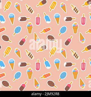Chocolate covered creamy ice cream and waffle cone with sorbet scoop seamless pattern for design on pink pastel background Stock Vector