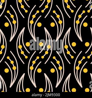 Organic sprig herb round berry black contrast seamless pattern vector illustration abstract Stock Vector