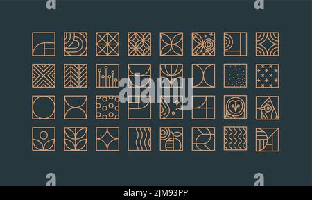 Set of creative modern art deco icons in flat line style drawing on blue background. Stock Vector