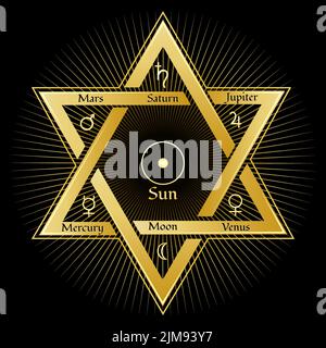Ancient Esoteric Illustration of Astrological Planet Symbols in The Solomon seal Hexagram isolated on black. Vector illustration. Stock Vector
