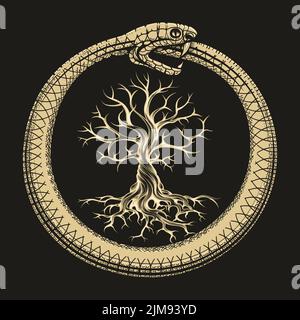 Esoteric Illustration of Ouroboros Snake And Tree of Life isolated on Black. Vector illustration. Stock Vector
