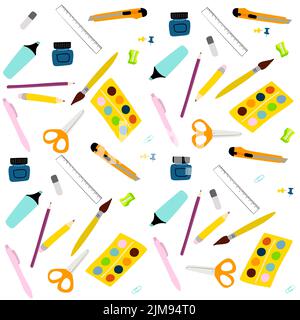 Seamless pattern with colorful stationery Illustration, paint, brush, marker, pen, ruler of on white background Stock Vector