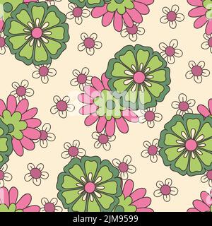 Colorful Large Scale Hand-Drawn Floral Vector Seamless Pattern. Retro 70s Style Stock Vector