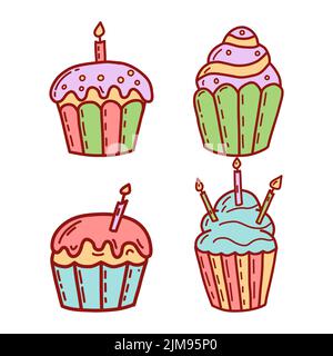 Set of cute cupcakes and muffins. Flat vector illustration Stock Vector