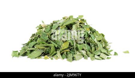 Dry chopped spring onion isolated on white background. Chopped dried green onion or scallion. Spices and herbs Stock Photo
