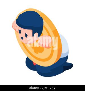 Flat 3d Isometric Businessman Stuck in Dollar Coin. Debt and Financial Concept. Stock Vector