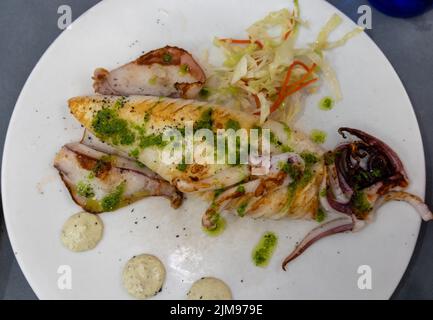 Calamares a la plancha con ensalada y salsa Stock Photo