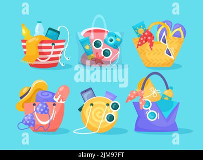 Beach bags with different objects vector illustrations set. Bags for women with items for beach or summer vacation at sea or ocean isolated on blue ba Stock Vector
