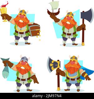 Collection of cute cartoon viking in costume holding fish, glass of wine, box of gold, sword Stock Vector