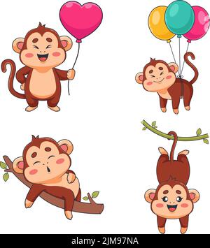 Collection of funny hand-drawn little monkeys with balloons and on tree Stock Vector