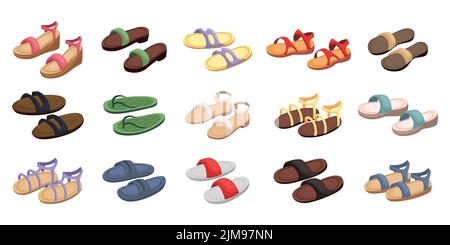 Colorful summer sandals cartoon illustration set. Pairs of male and female flip-flops, beach slippers for vacation or holiday on white background. Foo Stock Vector